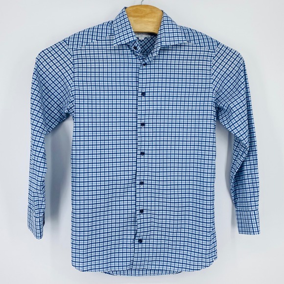 ETON Shirt Mens Medium Slim Fit Blue White Gingham Twill Cotton Linen Blend - Picture 2 of 9